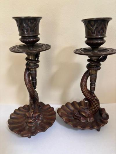 Pair of English Regency dolphin candlesticks