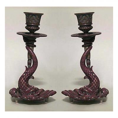 Pair of English Regency dolphin candlesticks