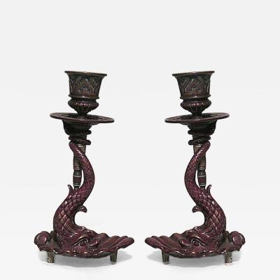 Pair of English Regency dolphin candlesticks