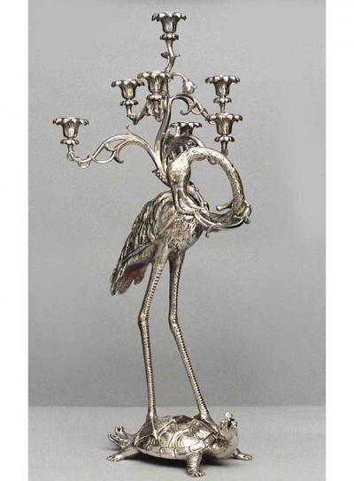 Pair of English Regency style 19th Cent bronze dore herons standing on turtles