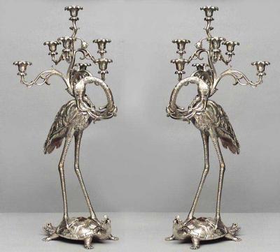 Pair of English Regency style 19th Cent bronze dore herons standing on turtles