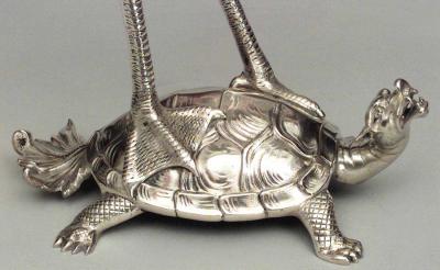 Pair of English Regency style 19th Cent bronze dore herons standing on turtles