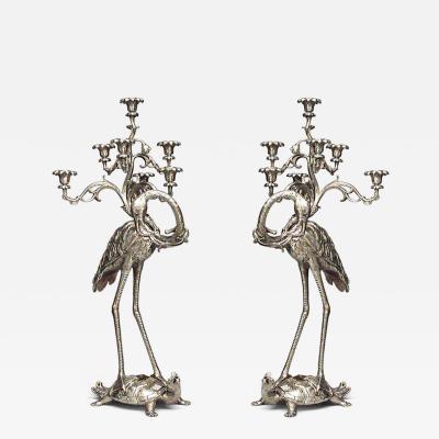 Pair of English Regency style 19th Cent bronze dore herons standing on turtles