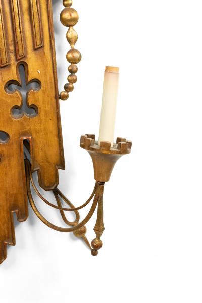 Pair of English Renaissance Style Gilt Metal and Fruitwood Wall Sconces