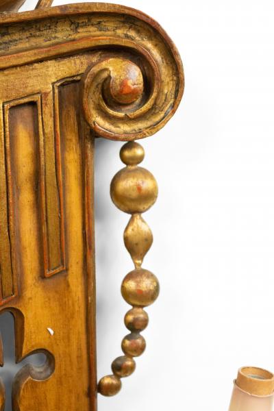 Pair of English Renaissance Style Gilt Metal and Fruitwood Wall Sconces