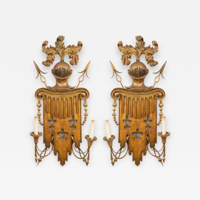 Pair of English Renaissance Style Gilt Metal and Fruitwood Wall Sconces