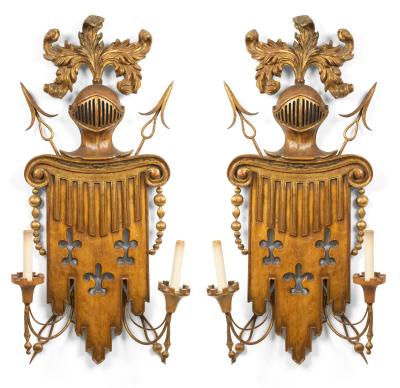 Pair of English Renaissance Style Gilt Metal and Fruitwood Wall Sconces