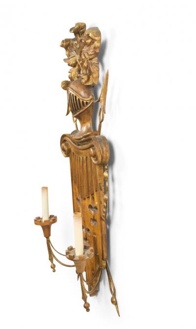 Pair of English Renaissance Style Gilt Metal and Fruitwood Wall Sconces