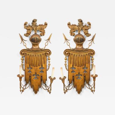 Pair of English Renaissance Style Gilt Metal and Fruitwood Wall Sconces