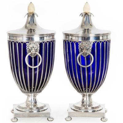 Pair of English Sheffield Silver Plated Cobalt Blue Glass Urns by Barker Ellis