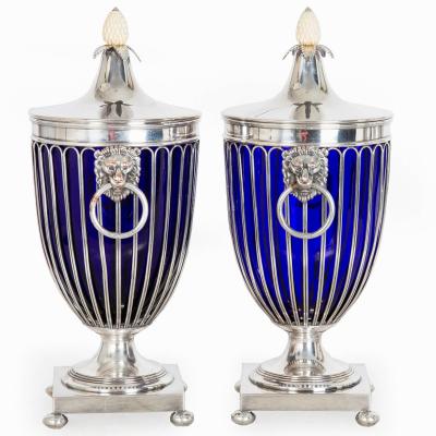 Pair of English Sheffield Silver Plated Cobalt Blue Glass Urns by Barker Ellis
