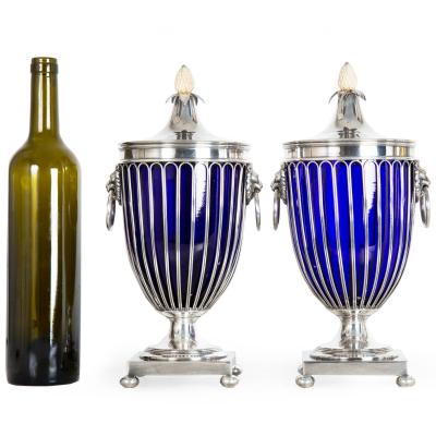 Pair of English Sheffield Silver Plated Cobalt Blue Glass Urns by Barker Ellis