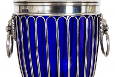 Pair of English Sheffield Silver Plated Cobalt Blue Glass Urns by Barker Ellis