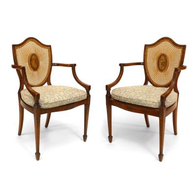 Pair of English Sheraton Satinwood Shield Armchairs