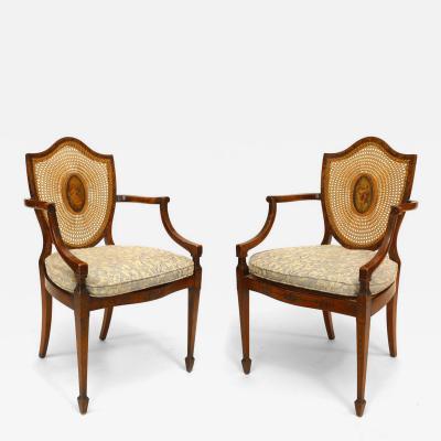 Pair of English Sheraton Satinwood Shield Armchairs