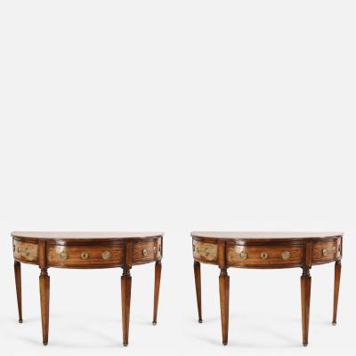 Pair of English Sheraton Style Demilune Inlaid Oak Console Tables