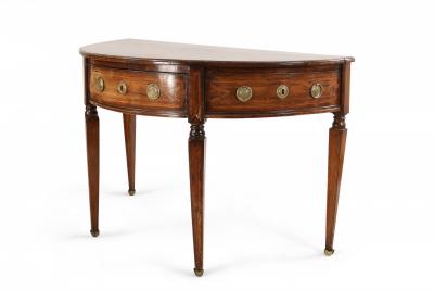 Pair of English Sheraton Style Demilune Inlaid Oak Console Tables