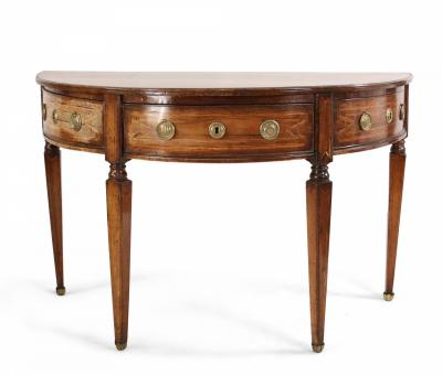 Pair of English Sheraton Style Demilune Inlaid Oak Console Tables