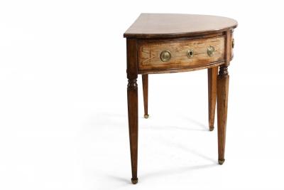 Pair of English Sheraton Style Demilune Inlaid Oak Console Tables