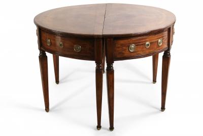Pair of English Sheraton Style Demilune Inlaid Oak Console Tables