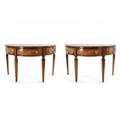 Pair of English Sheraton Style Demilune Inlaid Oak Console Tables