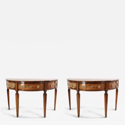 Pair of English Sheraton Style Demilune Inlaid Oak Console Tables
