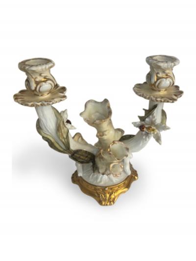 Pair of English Victorian 2 arm Moore porcelain candelabra with a floral design