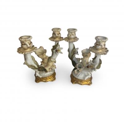 Pair of English Victorian 2 arm Moore porcelain candelabra with a floral design