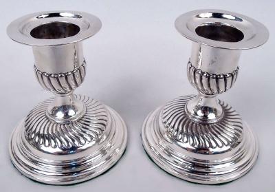 Pair of English Victorian Classical Sterling Silver Candlesticks 1889
