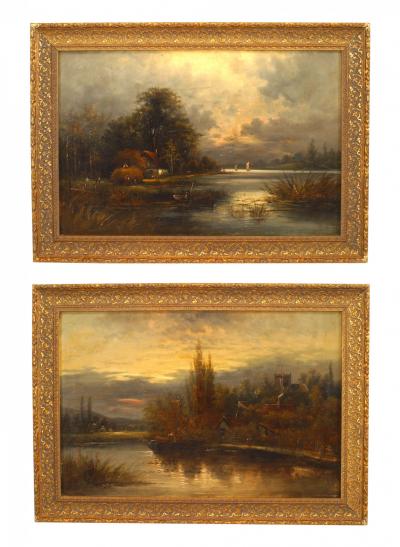 Pair of English Victorian Landscapes of Lake Houses