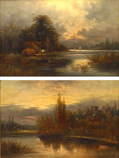 Pair of English Victorian Landscapes of Lake Houses