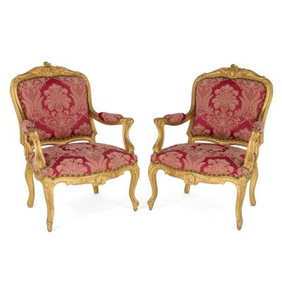 Pair of English Victorian Louis XV Style Giltwood Armchairs English c 1840
