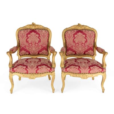 Pair of English Victorian Louis XV Style Giltwood Armchairs English c 1840