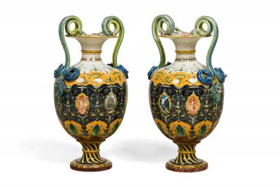 Pair of English Victorian Minton 19th Century amphora porcelain vases with sna