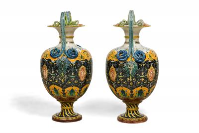 Pair of English Victorian Minton 19th Century amphora porcelain vases with sna