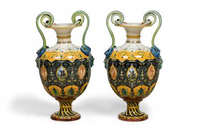 Pair of English Victorian Minton 19th Century amphora porcelain vases with sna