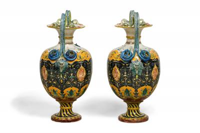 Pair of English Victorian Minton 19th Century amphora porcelain vases with sna
