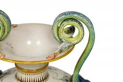 Pair of English Victorian Minton 19th Century amphora porcelain vases with sna