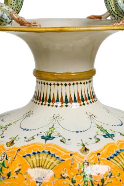 Pair of English Victorian Minton 19th Century amphora porcelain vases with sna