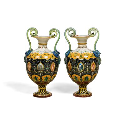 Pair of English Victorian Minton 19th Century amphora porcelain vases with sna