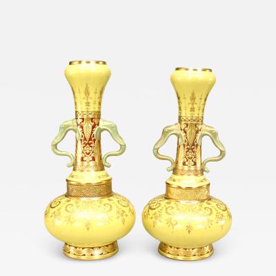 Pair of English Victorian Minton Yellow Porcelain Bottle Vases