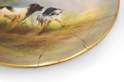 Pair of English Victorian Porcelain Hunting Dog Scene Wall Plaques