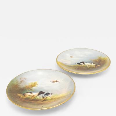 Pair of English Victorian Porcelain Hunting Dog Scene Wall Plaques