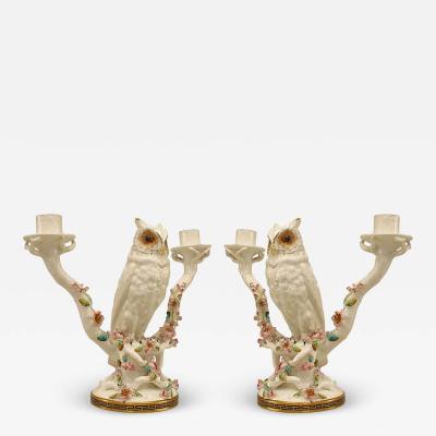 Pair of English Victorian Porcelain Owl Candelabras