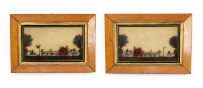 Pair of English Victorian Red Coach and Horses Silhouettes