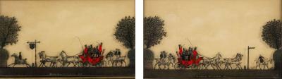 Pair of English Victorian Red Coach and Horses Silhouettes