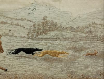 Pair of English Victorian Silk Embroidered Hunting Scenes