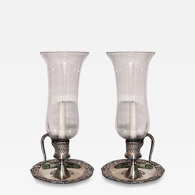 Pair of English Victorian Silver Plate Candlesticks with Hurricane Shades