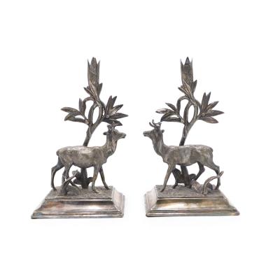 Pair of English Victorian Silver Plate Deer Candlesticks