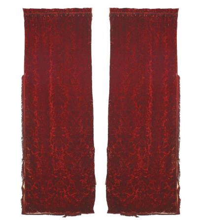 Pair of English Victorian Style Burgundy Cut Velvet Drapes